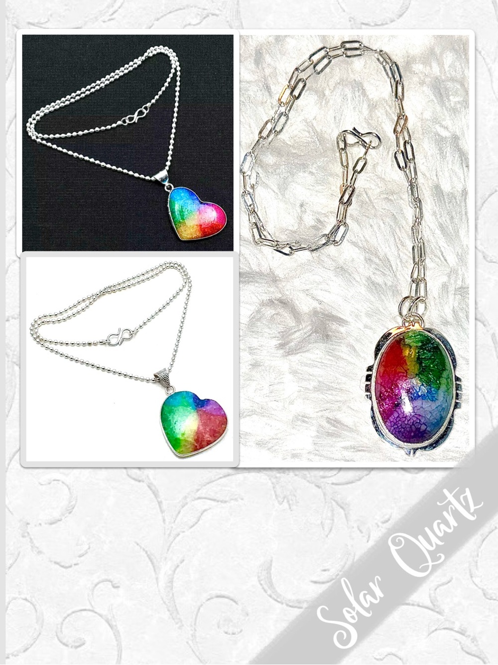 Rainbow Solar Quartz Silver Artisan Necklace (Blue, Green, Yellow, Red, Pink)